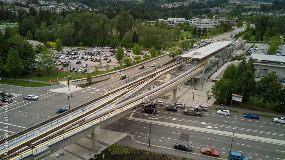 Skytrain Station in Coquitlam, Vancouver, British Columbia, Canada. Taken from an aerial perspective.