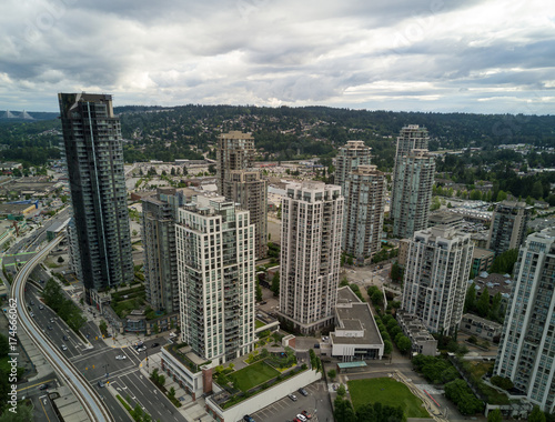 Aerial view on residential apartment buildings in Coquitlam, Greater Vancouver, British Columbia, Canada.