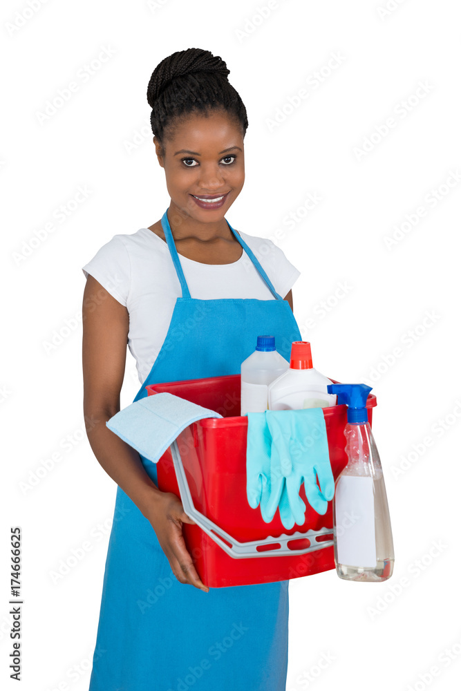 Portrait Of Female Janitor With Cleaning Equipment Portrait Of Female Janitor With Cleaning Equipment