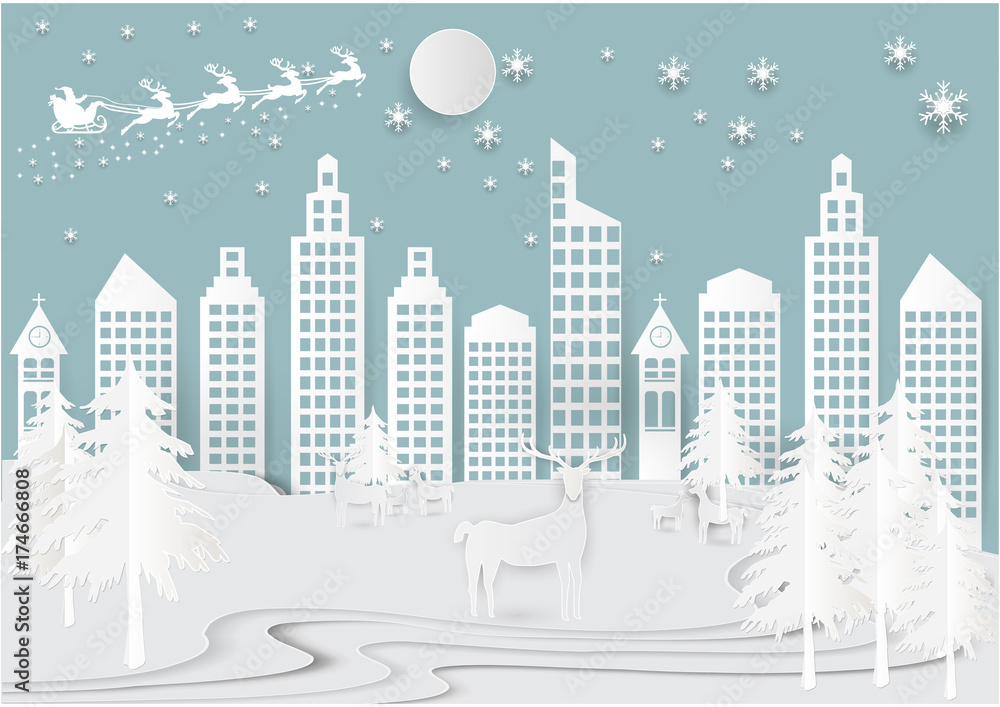 Winter holiday snow in city town background with santa, deer and tree. Christmas season paper art style illustration.