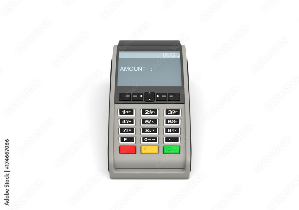 3d rendering of an empty POS-terminal with a screen showing a lettering AMOUNT and no numbers. 3d rendering of an empty POS-terminal with a screen showing a lettering AMOUNT and no numbers.
