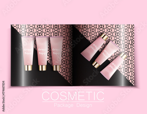 Template of fashion magazine, catalog of cosmetic. Realistic packaging cosmetics templates.cream - bright, trendy, young background, top view. Advertising of fashionable cosmetics. Vector illustration photo