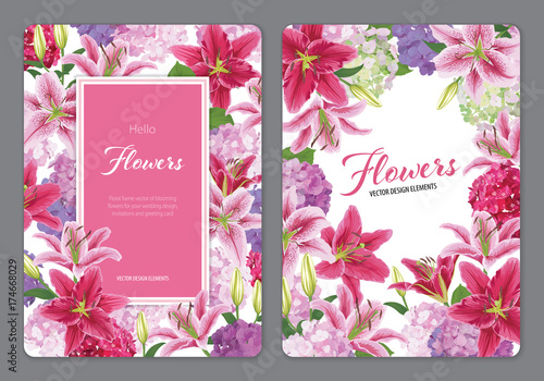 Fototapeta Naklejka Na Ścianę i Meble -  Colorful lilies flower and hydrangea on white background. Vector set of blooming floral for wedding invitations and greeting card design.