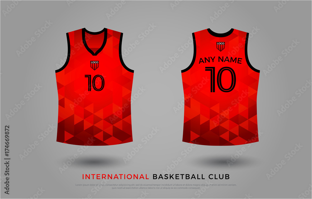 Vettoriale Stock basketball t-shirt design uniform set of kit. basketball  jersey template. red and black color, front and back view shirt mock up.  uae basketball, volleyball club vector illustration | Adobe Stock