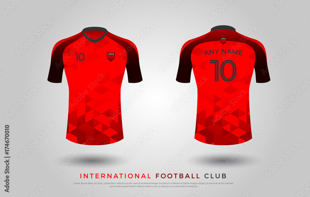 soccer t-shirt design uniform set of soccer kit. football jersey template  for football club. red and black color, front and back view shirt mock up.  football or soccer club vector illustration Stock