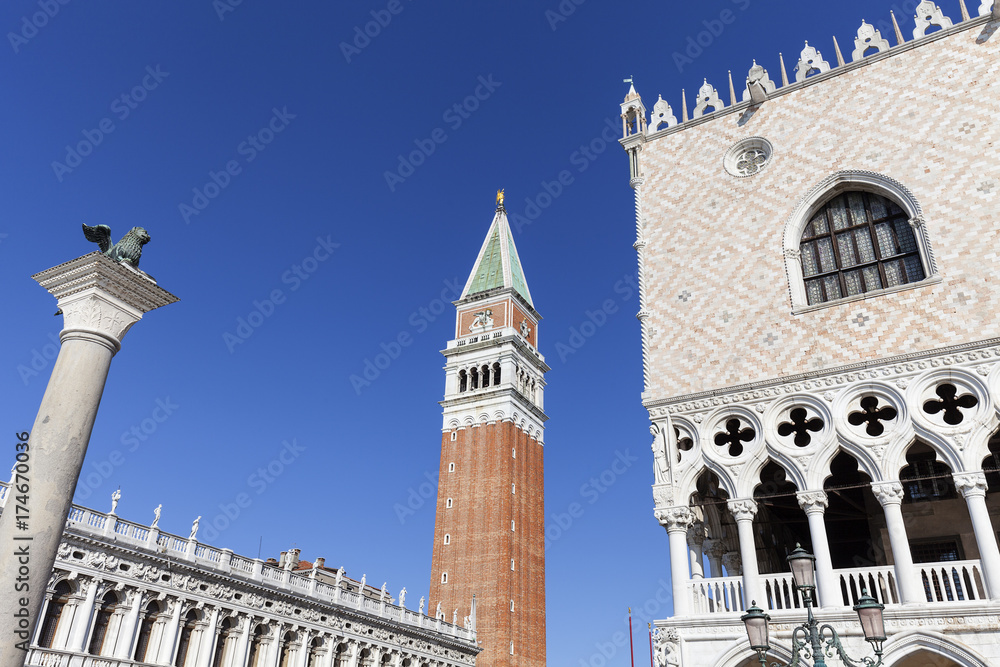 Piazza San Marco with Doge's Palace; St Mark's Campanile and Column of San Marco, Venice, Italy