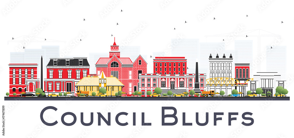 Council Bluffs Iowa Skyline with Color Buildings Isolated on White Background. Council Bluffs Iowa Skyline with Color Buildings Isolated on White Background.