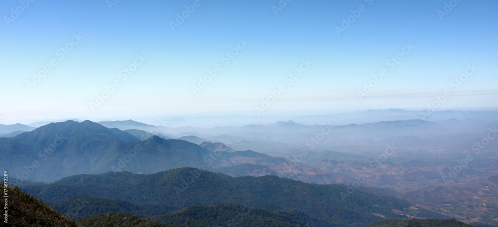 Panoramic view of beautiful mountain against blue sky at Kew Mae Pan in Doi Inthanon national park , Chiang Mai , Thailand