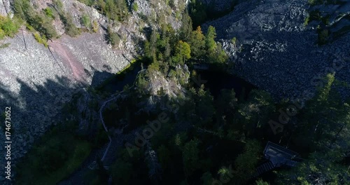 Canyon, Cinema 4k aerial tilt view of isokuru, between two tunturi fjeld mountains, in pyha-luosto national park of Lapland, in Lappi, Finland photo