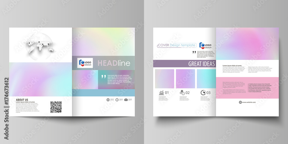 Business templates for bi fold brochure, flyer. Cover design template, abstract vector layout, A4 size. Hologram, background in pastel colors, holographic effect. Blurred pattern, futuristic texture