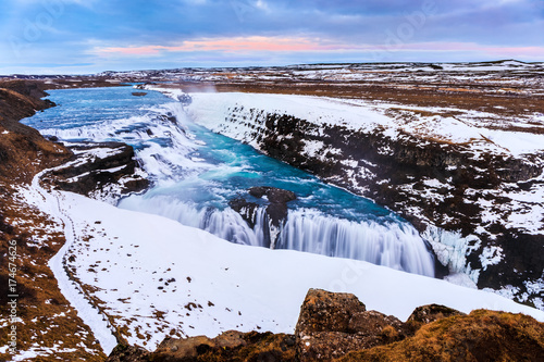 Fototapeta Naklejka Na Ścianę i Meble -  Gullfoss waterfall in Winter (bird's eye view), Iceland