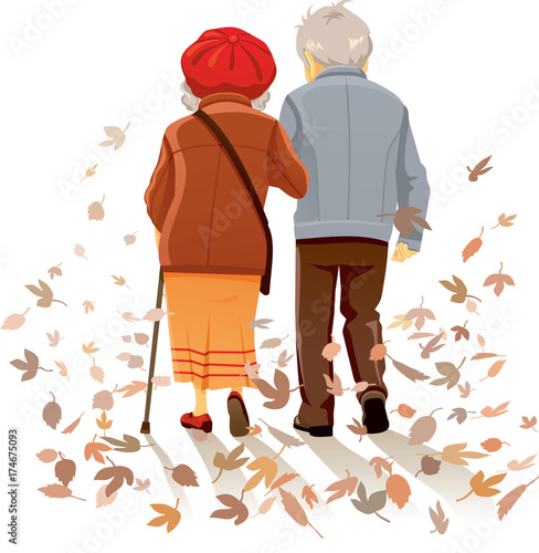 Old Couple in Love Walking in Autumn Decor Vector