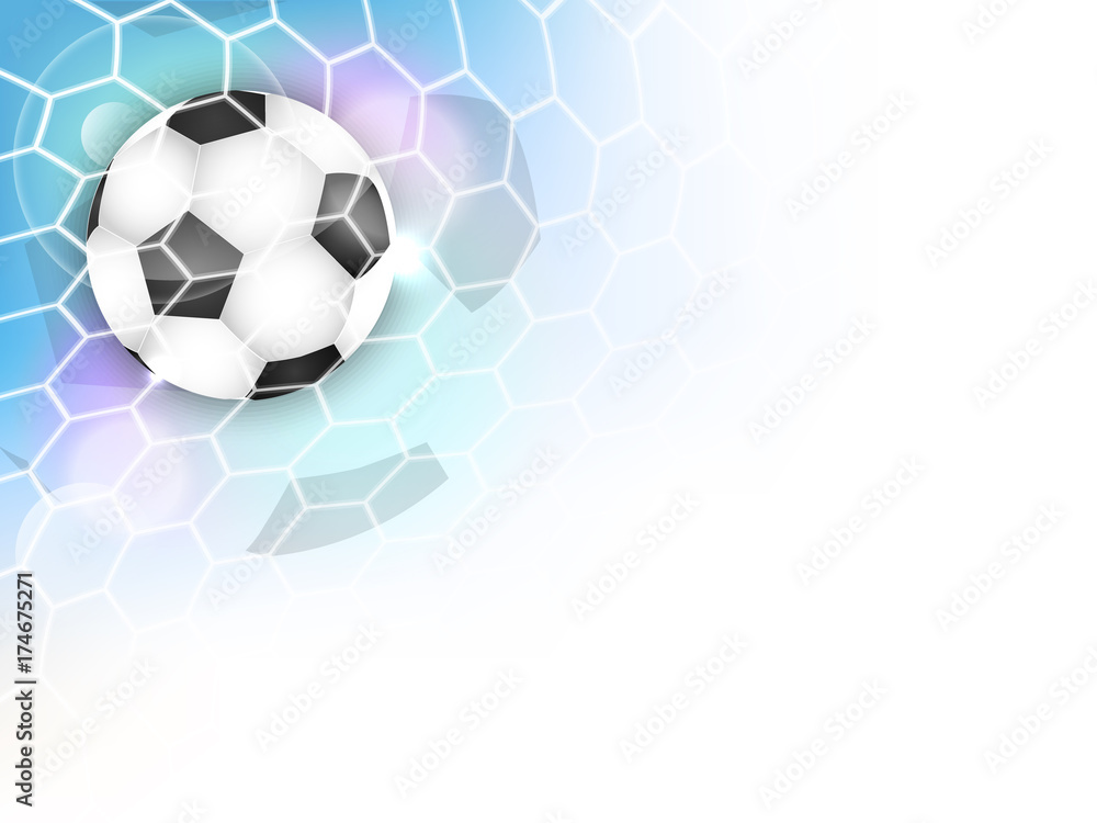 Obraz premium Soccer vector banner with football ball, net, glitter and space for your content.