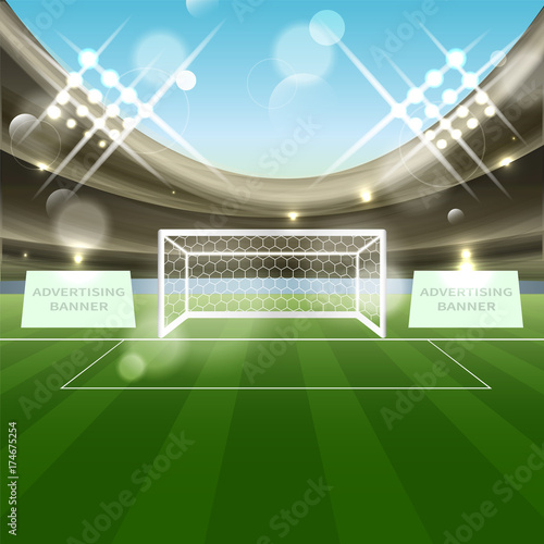 Football stadium vector background with soccer goal net, grass and advertising banner. Tribune, spotlights and blue sky.