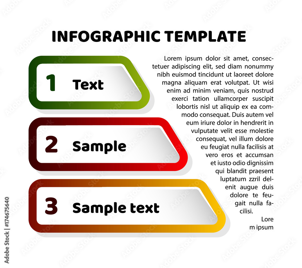 Triangle pyramid infographic template with 3 steps. Sheet chart and text sample. For presentation and design concept. Vector illustration.