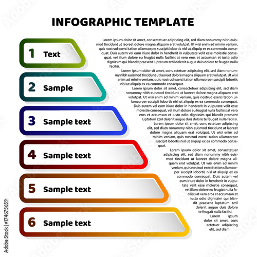 Triangle pyramid infographic template with 6 steps. Sheet chart and text sample. For presentation and design concept. Vector illustration.