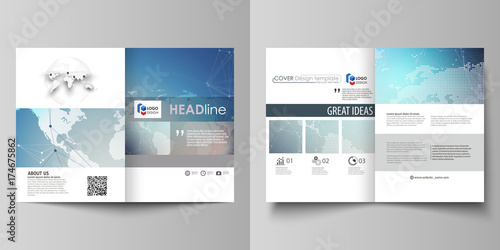 Minimalistic vector illustration of editable layout of two A4 format modern covers design templates for brochure, flyer, report. Polygonal geometric linear texture. Global network, dig data concept.