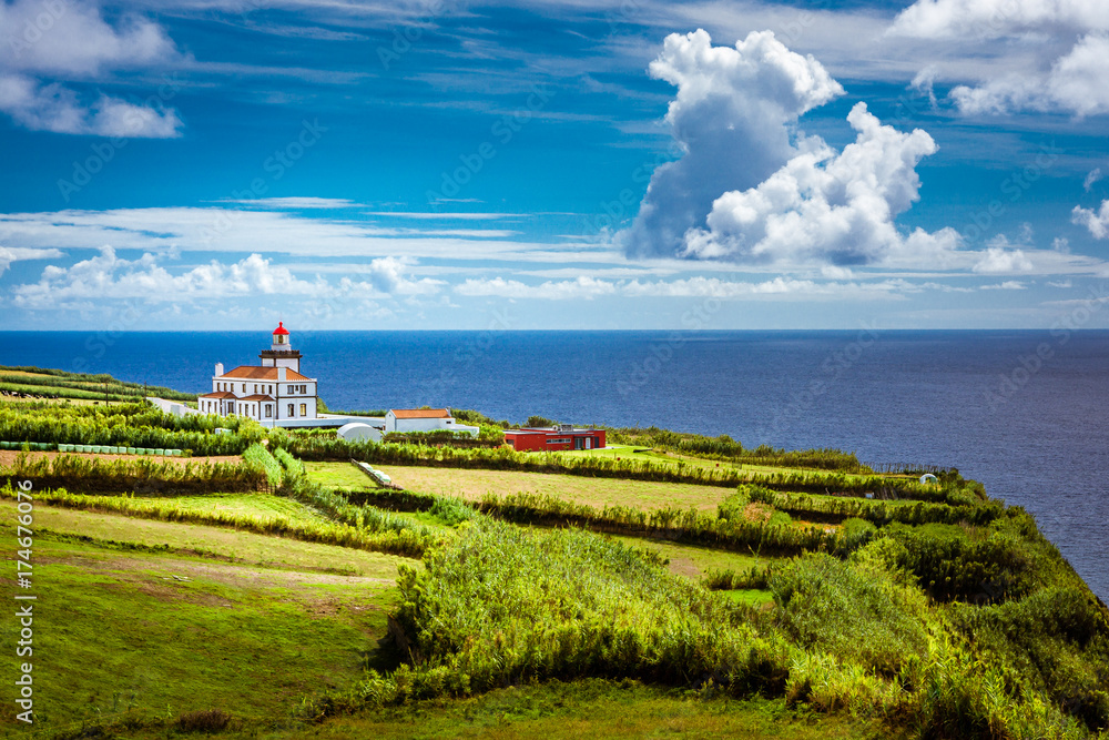 Beautiful view over Lighthouse Farol da Ponta da Ferraria in Sao Miguel Island Azores Portugal