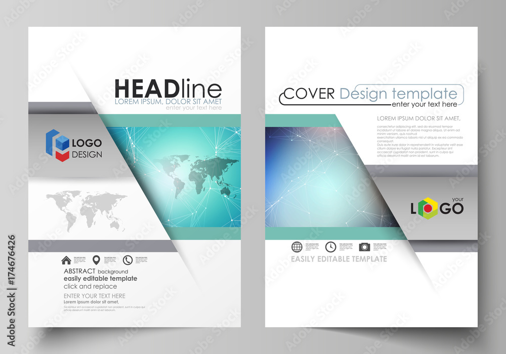 The vector illustration of the editable layout of two A4 format modern covers design templates for brochure, magazine, flyer, report. Molecule structure, connecting lines and dots. Technology concept.