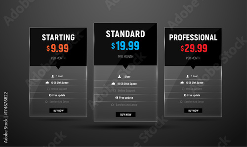 Set of vector glass  price tables for a web site