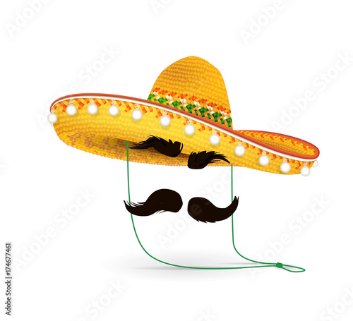 Sombrero Hat vector illustration. Mexican hat on white background. Masquerade or carnival costume headdress.