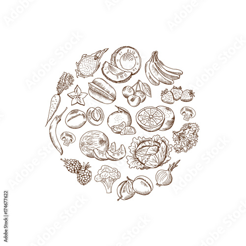 Vector sketched vegetables and fruits set in rounded shape isolated on white background