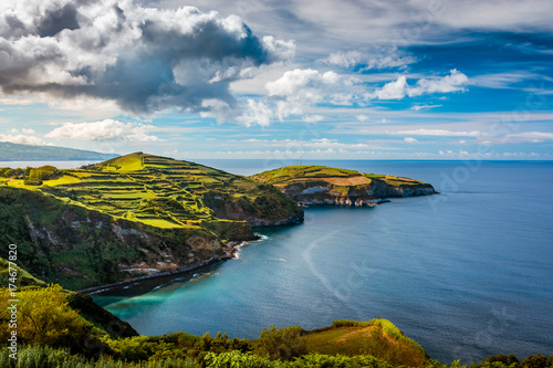 Beautiful panoramic view over Sao Miguel Island and Atlantic ocean from Miradouro De Santa Iria in Sao Miguel Island, Azores, Portugal photo