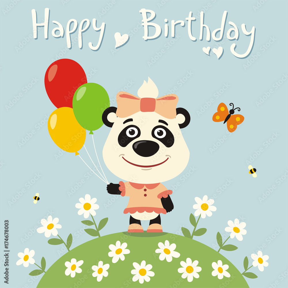Happy birthday to you! Little girl panda with balloons. Birthday card with panda girl on meadow with flowers in cartoon style. Happy birthday to you! Little girl panda with balloons. Birthday card with panda girl on meadow with flowers in cartoon style.