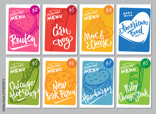 Hand drawn vector illustration popular American Food varieties Corn Dog, Chicago Hot Dog, Hamburger, Philadelphia Cheese Steak, Reuben Sandwich, Mac and Cheese, New York Pizza.