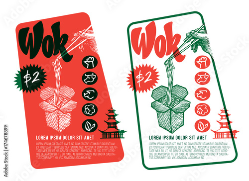 Wok vector drawing with lettering. Isolated chinese box and chopsticks with noodles, vegetables and soy sauce. Hand drawn detailed fast asian food illustration. Great for banner, poster, menu decor