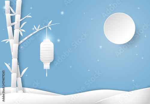 Japanese lantern hanging on bamboo night sky background