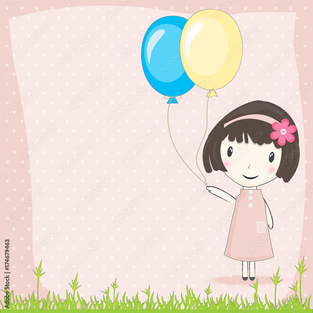Girl with balloons in meadow and polka dot on pink background