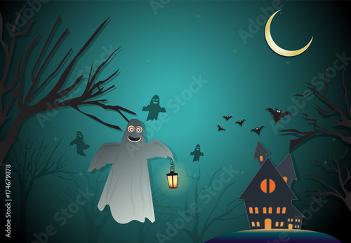 Paper art illustration of Spooky and Haunted house Halloween night background