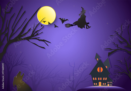 Young witch flying on broom and fox silhouette Halloween paper art background concept, paper cut style illustration