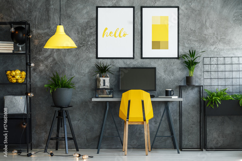 Work area with yellow lamp