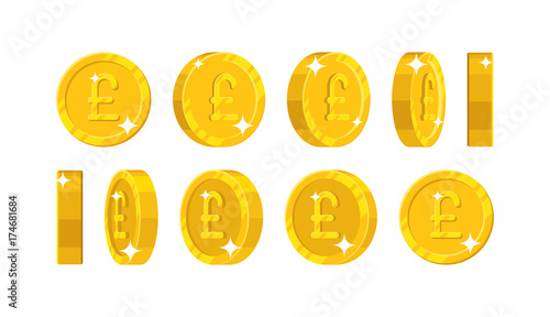 Gold pound views cartoon style isolated. The gold pound is at different angles around its axis for designers and illustrators. Rotation of a gold coin in the form of a vector illustration