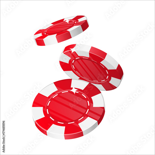 Falling red chips cartoon style isolated. Three falling red casino chips in a cartoon style for designers and illustrators. Dropping of casino stakes in the form of vector illustrations