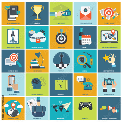 Set of flat design icons for business, pay per click, creative process, searching, web analysis, education, office, on line shopping. Icons for website development and mobile phone services and apps.
