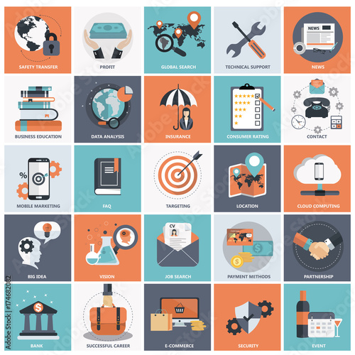 Set of flat design icons for business, pay per click, creative process, searching, web analysis, time is money, on line shopping. Icons for website development and mobile phone services and apps.