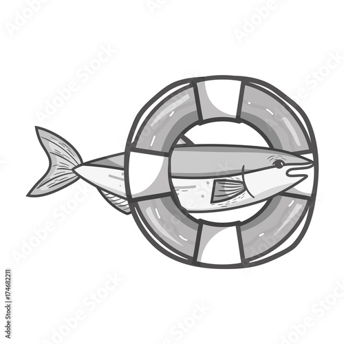 grayscale fish with life buoy object design