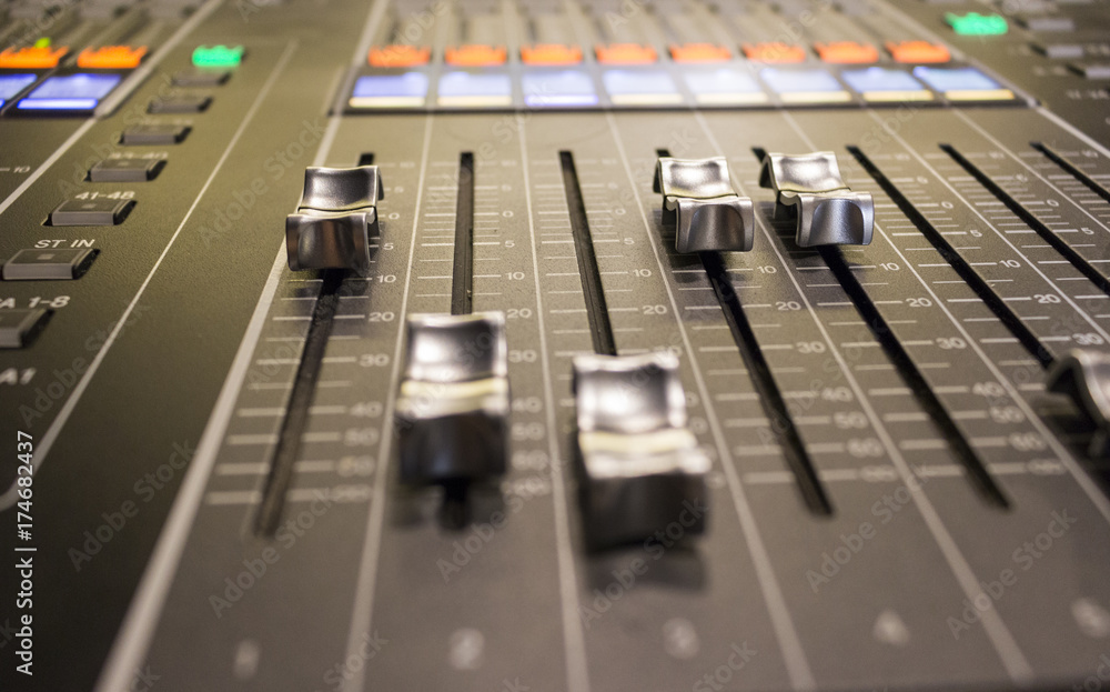 Close up of faders on a sound desk Close up of faders on a sound desk