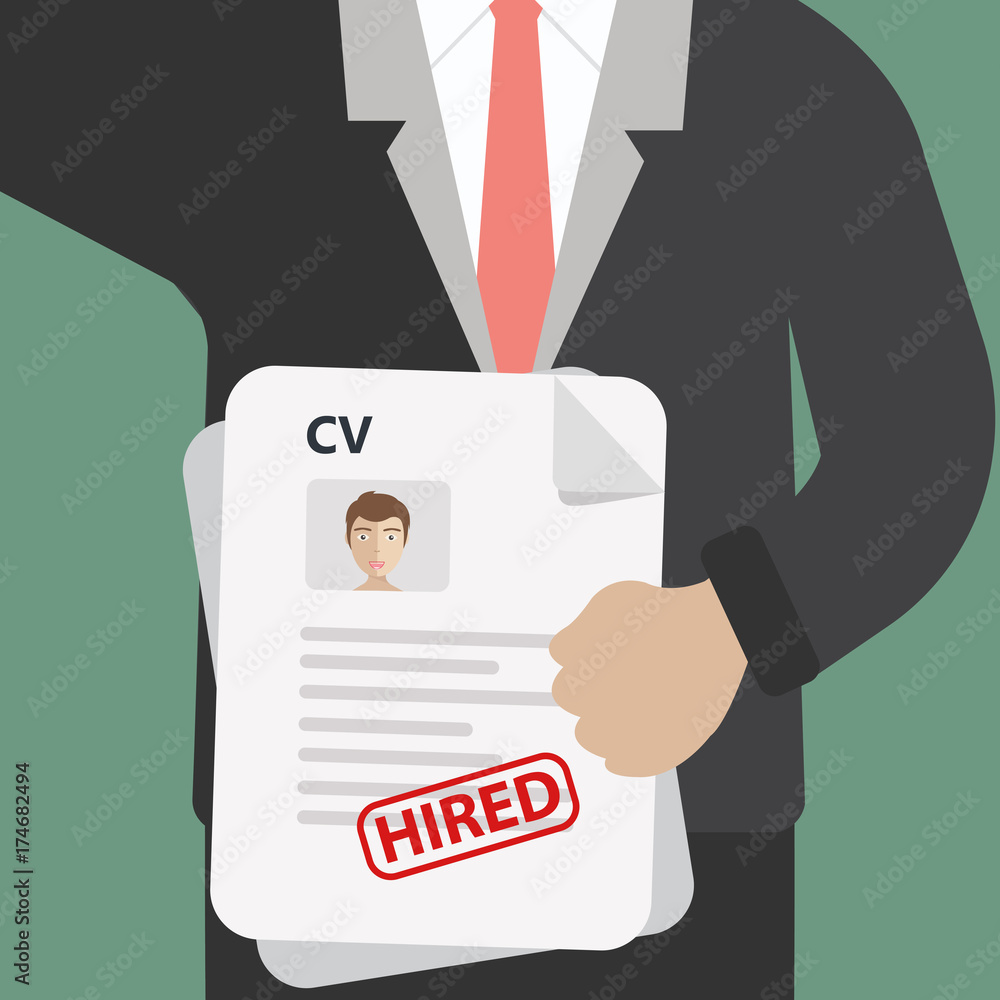 Man holding resume and stamp with Approved. Happy man got a job. Human  resources management concept, searching professional staff, analyzing resume  papers, work. Flat vector illustration. Stock Vector