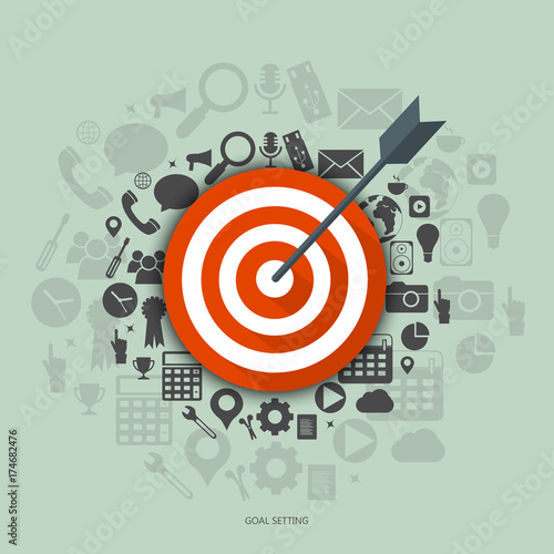 Goal Setting vector concept. Flat illustration of targeting and management with icons. 