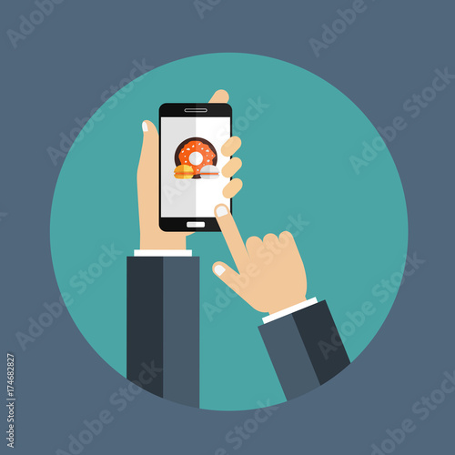 Hand holding smart phone with donut and cookies on the screen. Order food and drink concept. Flat vector illustration.