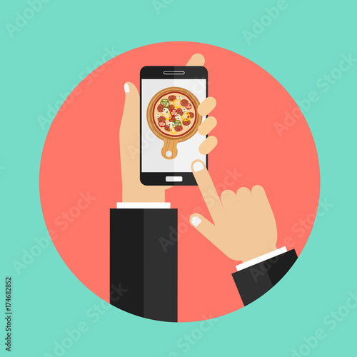Order pizza on line. Flat vector illustration.