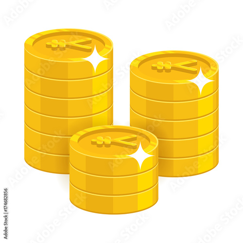 Gold Chinese yuan or Japanese yen coins. Having a lot of money and possessions symbol. Business finance and economy concept. Cartoon vector illustration isolated on white background