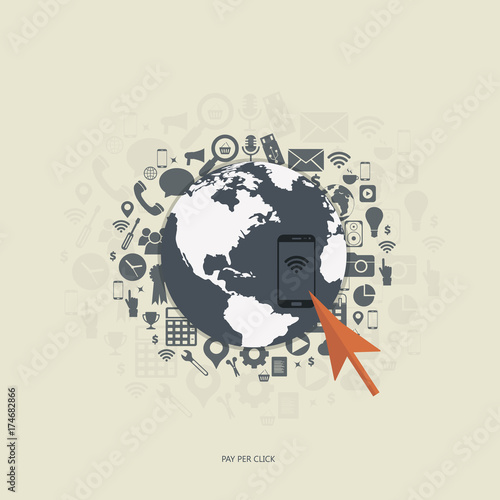 Pay per click flat illustration with cell phone and pointer. 