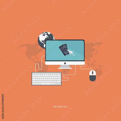 Pay per click concept. Flat vector illustration with computer screen, keyboard, mouse and pointer.