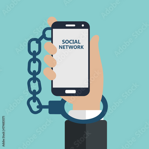 Modern phone internet and social networks addiction metaphor. Flat style vector concept.