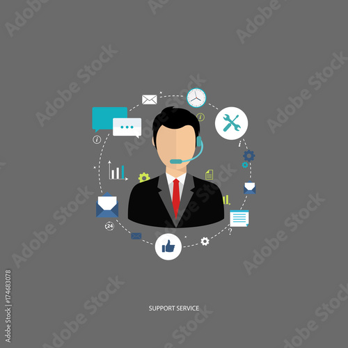 Support service concept. Flat design illustration with icons. Technical support assistant.